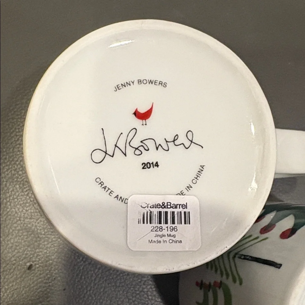 Set of 2 Vintage Crate&Barrel Jenny Bowers Christmas Tree Mugs from 2014, 16 Oz